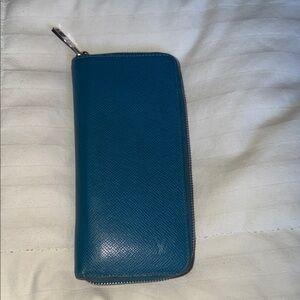 Louis Vuitton Teal Zip Wallet with Silver Hardware
